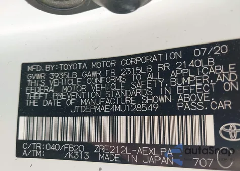 2021 Toyota Corolla Le from USA, damaged, VIN JTDEPMAE4MJ128549